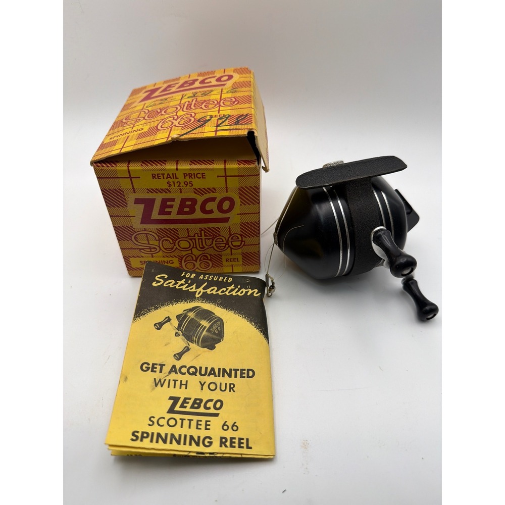 Vintage Zebco Scottee 66 Spinning Reel with Original Box and Manual Black